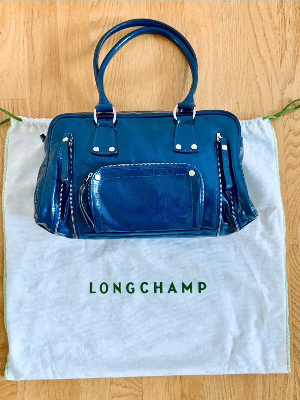 Longchamp Glossy Petrol Blue Leather handbag